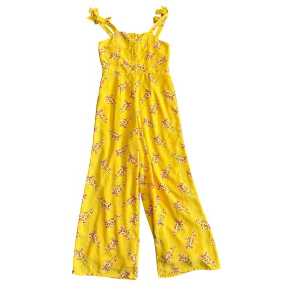 GB Girls Floral Yellow Jumpsuit Wide Leg Pants Tie Sleeve Girls size 12 - Picture 1 of 5
